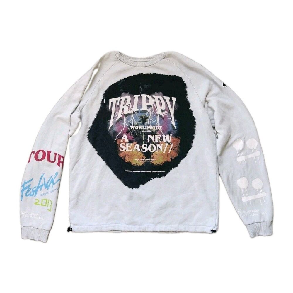 BoohooMAN Retro Trippy Tour Graphic Sweater Blue Double Sided Mens Sz M GUC